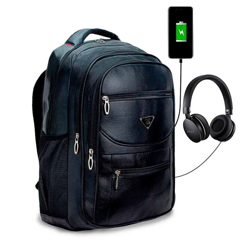 Mochila de Couro Impermeável USB